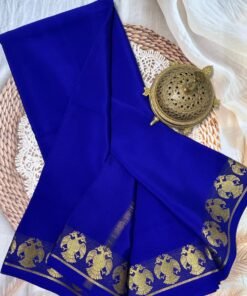 Royal Blue Soft Silk Crepe Saree with Gandaberunda (Bherunda) golden zari border – Traditional Karnataka Silk – Prathuua Divaah