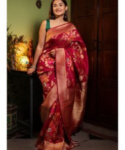 Banarasi soft silk saree full front view featuring rich gold zari weaving and graceful drape