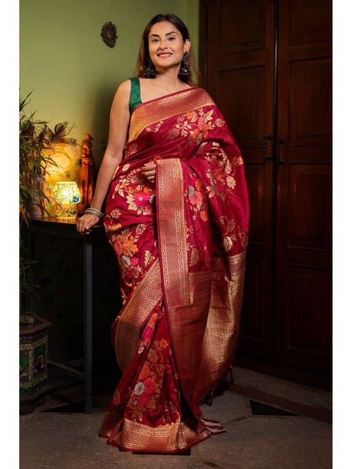 Banarasi soft silk saree full front view featuring rich gold zari weaving and graceful drape