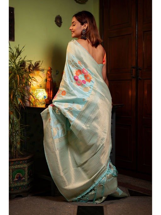 Banarasi soft silk saree back drape view showcasing smooth silk texture and elegant gold zari weaving