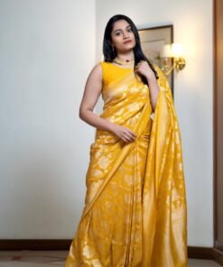 Mustard yellow Banarasi soft silk saree full length festive wear