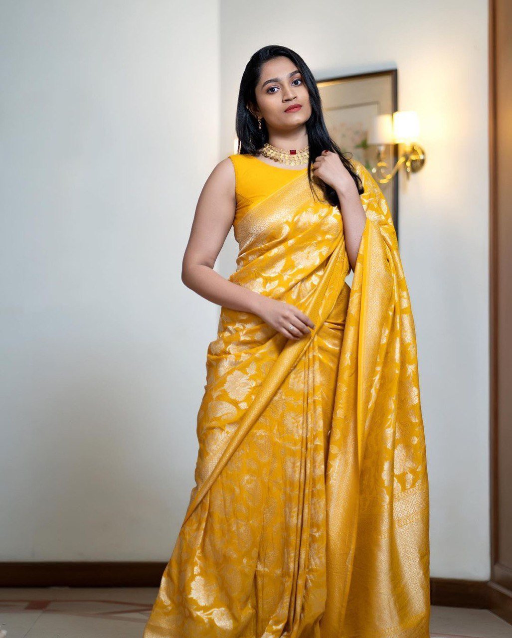 Mustard yellow Banarasi soft silk saree full length festive wear